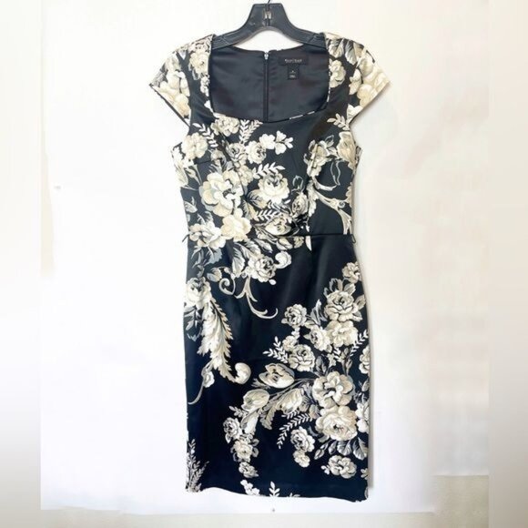 White House Black Market Black & Gold Floral Sheath Dress Classic Structured Cap - Picture 4 of 10